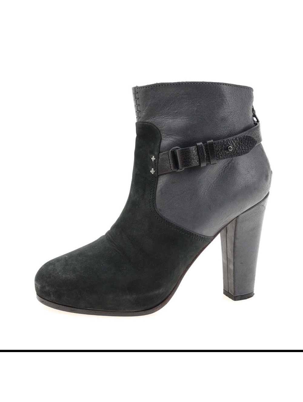 Rag & Bone Leather Ankle Boots 37.5 Black Grey Wrap Strap Block Heel